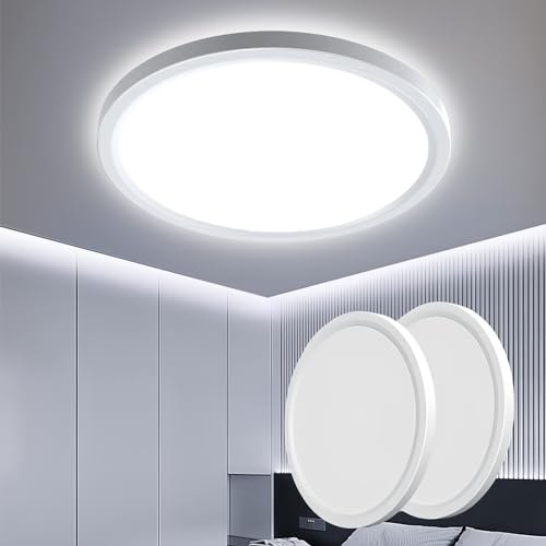 OTREN Plafoniera LED Soffitto 2 Pezzi, 18W 6500K Lampada da Soffitto IP44 Plafoniera Bagno Rotonda Ø21.8CM Lampadario LED per Soggiorno Camera da Letto Cucina Balcone Corridoio, Bianco Freddo