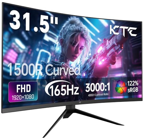 KTC 32 Inch Curved Gaming Monitor, FHD 1080P 165Hz PC Monitor, 1500R, 122% sRGB with HDR, FreeSync Premium, HDMI 2.0x2, DisplayPort 1.4, VESA Compatible, Tilt Adjustable, Eye Care, H32S17C