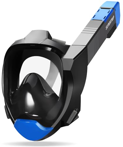 Supertrip Schnorchelmaske Erwachsene, Kurzstrecken Schnorchel Schnelle Einatmung von Sauerstoff Tauchermaske, CO2 sichere Sportkameras Kompatible Vollgesichtsmaske (Black-Blue, S/M)