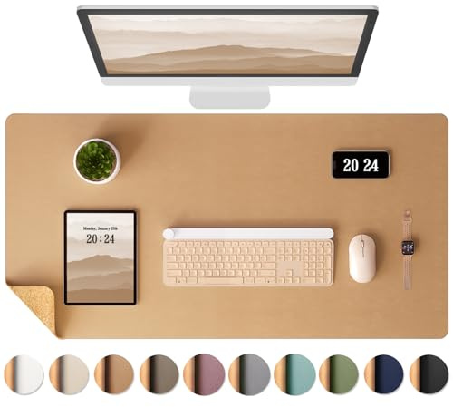 Aothia Sous-main en liège,Tapis de Bureau double face en liège naturel & cuir PU,tapis de souris/protection de table,facile à nettoyer,imperméable pour bureau/maison (Kaki,90x40cm)