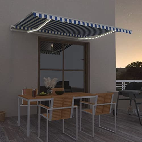 SECOLI Manuelle Gelenkarmmarkise mit LED, Gelenkarmmarkise Einziehbar 400 x 300 cm, Versenkbaren Markise, Markise Gelenkmarkise, Sonnenmarkise Terrassenmarkise Klemmmarkise Blau und Weiß
