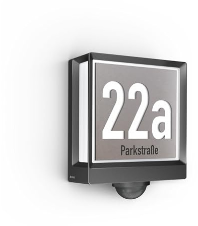 STEINEL Lampe de numéro de maison intelligente My L 40 SC, plaque de numéro de maison en acier inoxydable éclairée, chiffres estampés et gravure à choisir individuellement