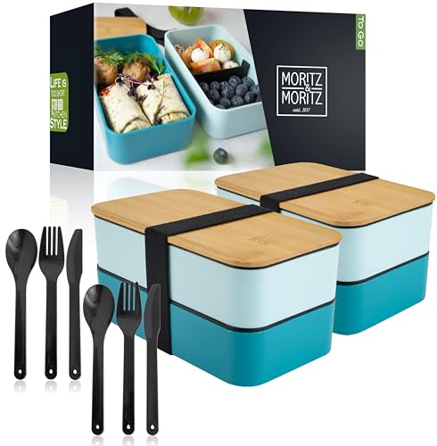 Moritz & Moritz 2er Set Bento Box Kinder in Blau - Perfekte Lunchbox für Kinder und Erwachsene - Brotdose mit Fächern - Ideal für die Arbeit, Schule und unterwegs
