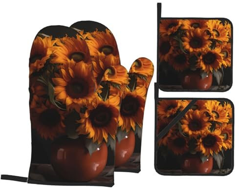 4 Pezzi Presine E Guanti Da Barbecue Sunflower Pattern Guanti Da Forno Divertenti Guanti Da Cucina Resistenti Guanti Da Forno A Microonde Per Cuocere, Bbq, Campeggio