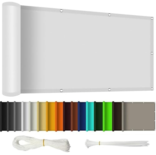 Balkon Sichtschutz mit Ösen 40 x 650 cm Windschutz Sonnenschutz Balkonverkleidung Balkonbespannung mit Ösen Kabelbinder Und Kordel Zaunblende für Garten Balkon Terrasse, Weiß