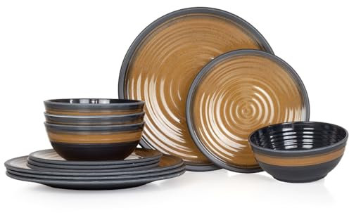 Vaisselle de camping en mélamine pour 4 personnes - 12 pièces - Passe au lave-vaisselle - Service de pique-nique - Vaisselle de camping - Design Stone Curry