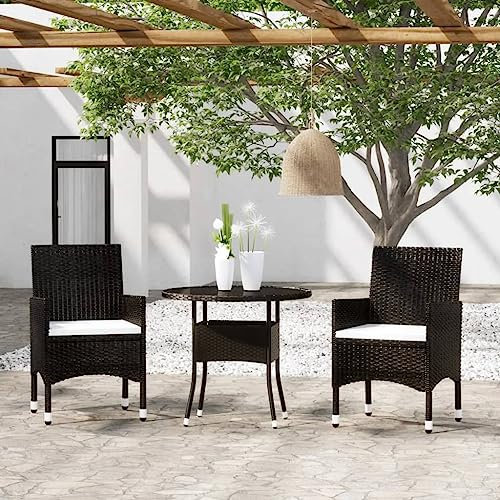KATERYY 3-TLG. Bistro-Set Poly-Rattan und Hartglas Schwarz,Elegantes GartenBistroSet aus witterungsbeständigem Rattan für entspannte Stunden im Freien