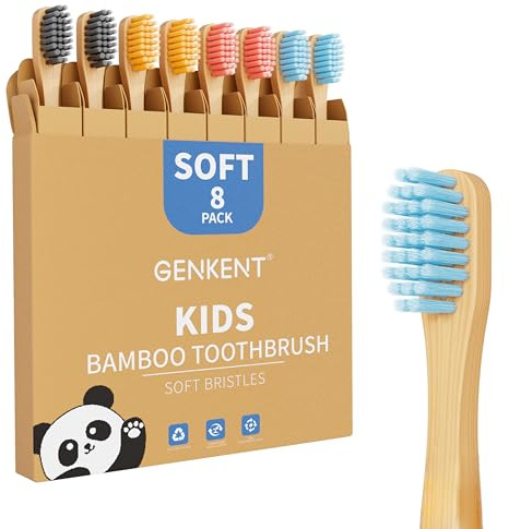 GENKENT 8 Counts Kids Bamboo Toothbrushes BPA Free Soft Bristles Travel Tooth Brush Natural Charcoal Toothbrush
