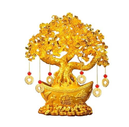 Money Tree Geldbaum aus Citrinkristall, Glückskristallbaum mit goldenem Barrenboden, chinesischer Dragoner-Glückskristallbaum, Feng-Shui-Dekor, Kupfermünzschnur-Dekoration for Reichtum/Vermögen und Gl