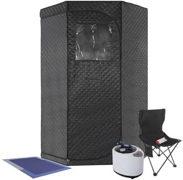 WindWilder Mini sauna per casa, 1500 W, sauna a vapore, portatile, con telecomando, generatore di vapore, sedia pieghevole, timer, riscaldamento a 9 livelli, 90 x 90 x 180 cm, colore nero
