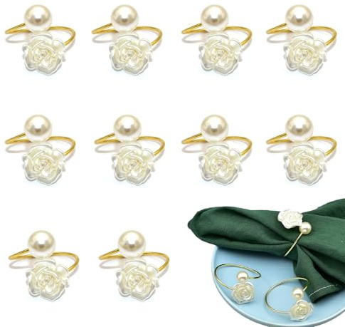 BSITSSS 10 st servettringar i metall, servettringar i guld, servettringar för bordsdekoration, pärlor elegant servettringar, servettringar för bröllopsfest bordsdekoration