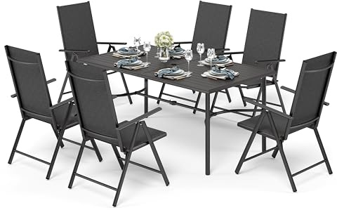 PHI VILLA Gartenmöbel Sitzgruppe Set 6 Personen Aluminium Stühle Klappbar | 6-fach Verstellbar Textilene Stühle Aluminiumrahmen, Tisch mit 4-5cm Schirmloch, für Terrasse Bistro Deck