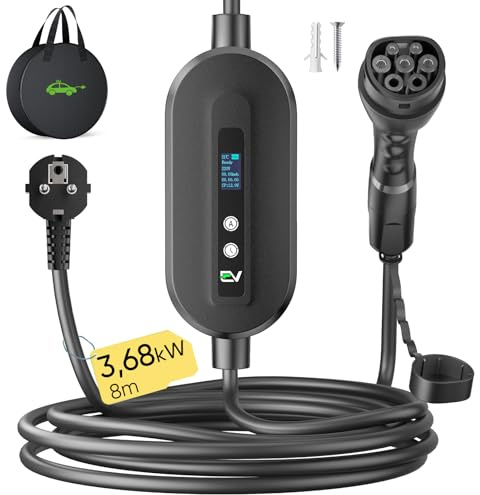 EVJUICION Cable de carga para coche eléctrico tipo 2 Schuko de 3,68 kW (1 fase, 8 m, 6-16 A, IP67), cargador EV Chargers con potencia de carga ajustable, pantalla digital para ID.3, ID.4, X1, modelo Y