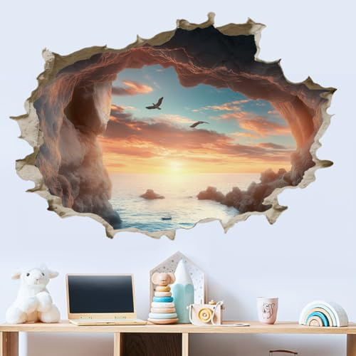 SUPERDANT Adhesivo de pared 3D cueva en el mar decoración de pared 3D cueva sobre el mar extraíble despegar y pegar en vinilo calcomanías murales decoración para el hogar