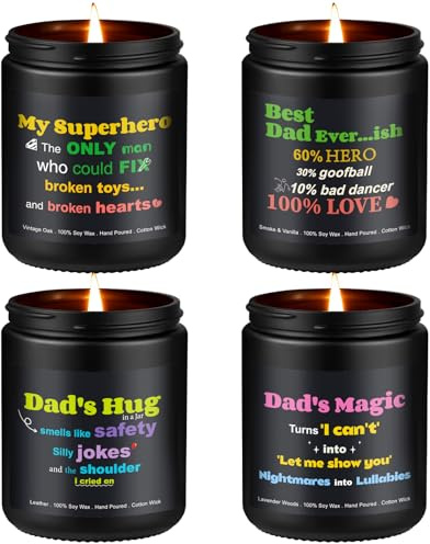 Aeraroma Scented Candles for Men, Funny Gifts for Dad Husband, 4 Pack Aromatherapy Soy Wax Candle Set (Leather, Oak, Vanilla, Lavender), Long Lasting Stress Relief Home Decor for Birthday Father's Day