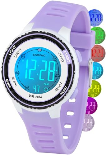DTKID Orologio Digitale Bambino LED a 7 Colori, Orologio Bambino con Sveglia, Timer, Datario, Impermeabile Orologi per Bambini Sportivo da Esterno, per Ragazzi Ragazze e Adolescenti