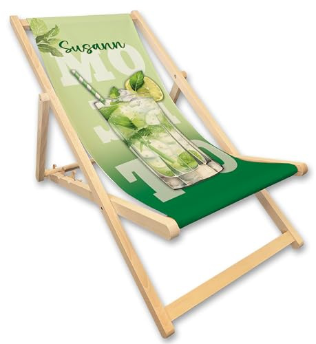 Liegestuhl mit Name personalisiert Strandstuhl Cocktail Sommer Motiv klappbar ideal für Beachbar, Strandbar, Garten, Terasse & Balkon Geschenkidee Frauen & Männer Gartenliege klappbar (Mojito)