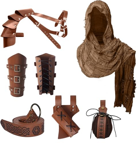 JDFAIJEAL 6PCS Mittelalter Ritter Zubehör. Männer Renaissance Umhang | Umfasst Gürtel,Schal,Armbandage,Schulterpanzer,Tasche,Schwertfutteral;Retro Zubehör Set für Cosplay, Vintage Ritter Stil