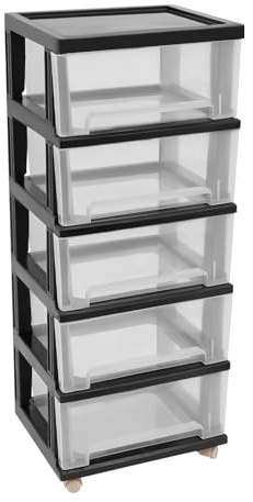 Transparenter Schubladen 5-Stufiger Aufbewahrungsschrank Schubladenbox Container mit Rädern 40x33x98cm Schwarz-Transparent Rollcontainer Organizer Stapelboxen aus recyclebarem PP Kunststoff