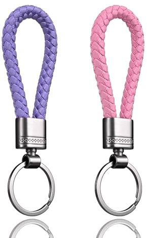 LynixTrade 2 Pcs Key Rings Purple and Pink - Mixed Weave Leather Keyrings for Women and Men, Matte Car Keychain Rings, Leather Key Fobs Holder, Personalised Car Keys Ring Clips