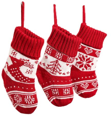 PnxdeobXL 3 Stück Weihnachtsstrumpf Set Trikotierte mit Elfen Weihnachtsbäumen Schneeflocken Motive Rote Weihnachtsdekoration für Familiefeiern