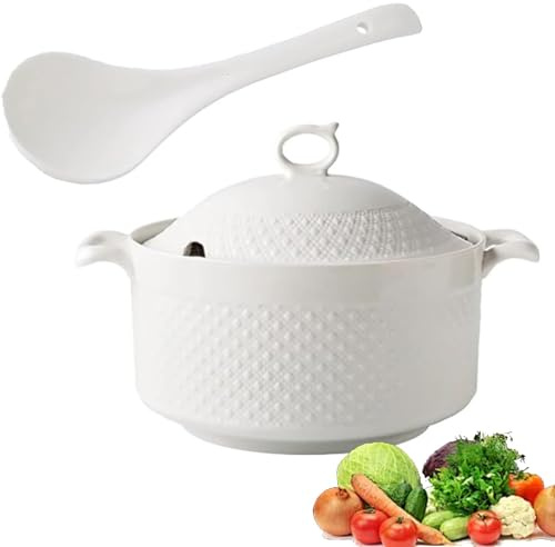 Soupière en céramique avec couvercle, service à soupe avec couvercle et louche, for salade, pâtes, ragoût, compatible micro-ondes et lave-vaisselle, porcelaine, ronde(2400ml)