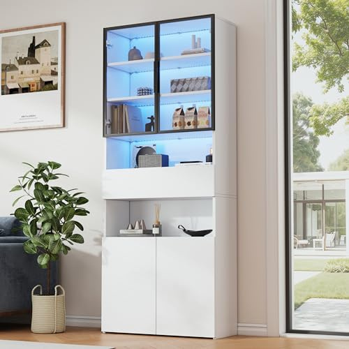 Merax Vitrinenschrank Glasvitrine mit LED, Modern Bücherschrank Standvitrine mit 4 Türen, 1 Schubladen, Offene Fächer, Glastür mit Aluminiumrahmen, Highboard Sammlervitrine für Wohnzimmer Büro, Weiß