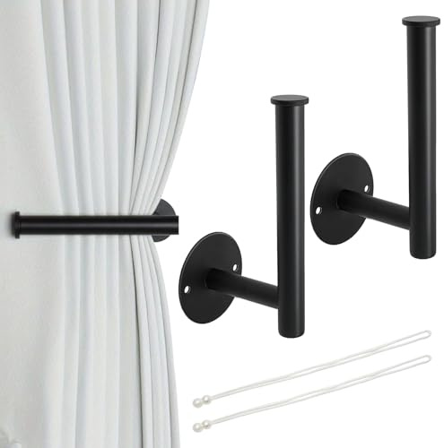 2 Pack Self-Adhesive or Drilling Curtain Holdbacks, No-Drill Curtain Tiebacks Metal Curtain Holdbacks with 2 Curtain Ties, Modern Curtain Tie Backs & Hooks for Home Hotel Office Window Drapery (Black)