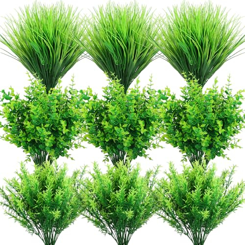 BHFOW 18 Bündel Künstliches Gras, Kunstpflanzen UV-beständig für Innen- und Außenbereich, Kunstgras mit Boxwood & Rosmarin