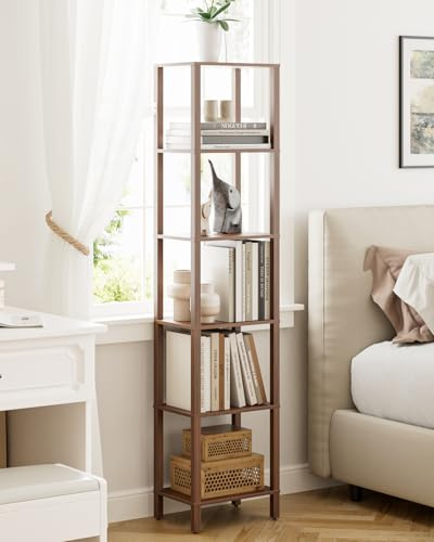 Apetaccat Bücherregal, Regal Schmal mit 6 Ebenen, Küchenregal mit offenen Regalen, 38 cm x 27 cm x 167 cm, Standregal für Wohnzimmer, Büro, Arbeitszimmer, Noce