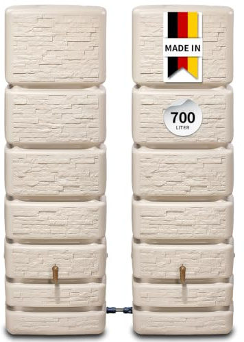 4rain Regentonne Wandtank Slim Stone Decor Set 700 Liter, sandbeige | 2X Slim 350L, inkl. Verbinder, ideal für die Regenwassernutzung, platzsparend, robust, für Garten und Terrasse