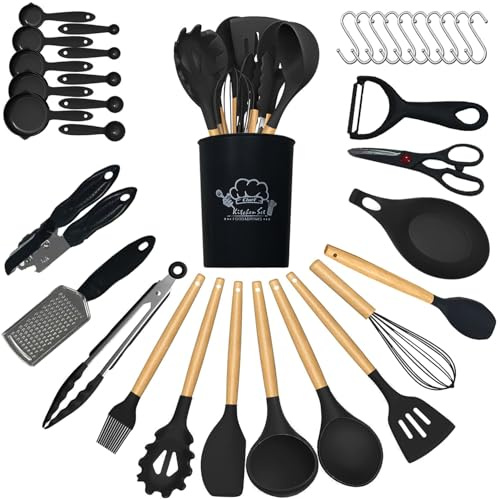 Kitchen Utensils Set, 35Pcs Silicone Cooking Utensils with Holder | BPA Free Dishwasher Safe, Ladles, Spoons and Spatulas, Measuring Cups, Peeler, Grater, Scissor