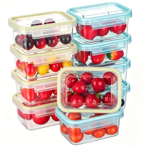 Cozary 10Pcs Contenitori Ermetici per Alimenti, 300ml Contenitori di Plastica Contenitori Alimenti con Coperchio, Adatti per Frigorifero, Microonde e Lavastoviglie, per Scuola, Lavoro(5 Blu+5 Bianco)