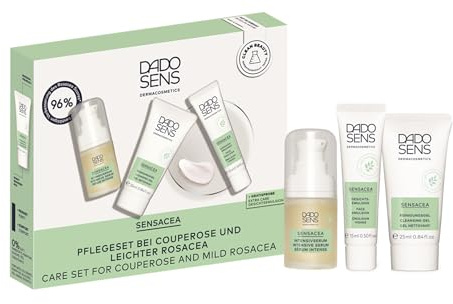 DADO SENS SENSACEA ROSACEA KENNENLERN-SET - Intensivserum (15 ml) + Gesichtsemulsion (15 ml) + Reinigungsgel (25 ml), Für Couperose & leichte Rosacea, Beruhigt, Kühlt & Mildert Rötungen, Vegan