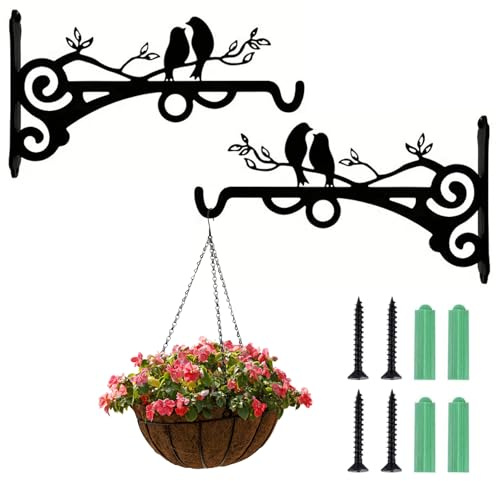 Gatwrmth 2 Pcs Heavy Duty Hanging Basket Bracket, Metal Hanging Basket Brackets Outdoor, Black Steel Plant Hanger Indoor & Garden, Wall Mounted Bird Feeder Hook with Screws, 20 x 13.3 cm