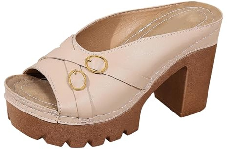 Sandaler med låg kil, öppen tå för kvinnor, damer, breda klackar, bekväma platåhögklackade, andningsbara snabbtorkande eleganta skor för formell middag och bankett, Khaki, 38.5 EU