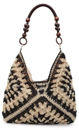 EWUHYFP Bolso de Mano Tejido Calado Bolso tejido de paja ahuecado, bolso playa, gran capacidad, hombro for vacaciones(Black)