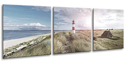 artissimo Glasbilder 3 teilig je 50x50 cm Strand Leuchtturm Sylt AG4017A – Glasbild Set modern, mehrteilig, XXL Wandbilder, Wanddeko Bild beige blau maritim