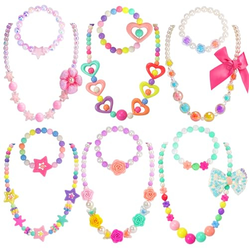 PinkSheep Kids Classic Jewelry, 6 Sets of Beaded Necklaces and Bracelets for Girls, Favors Bags for Girls Jewelry (Classic)