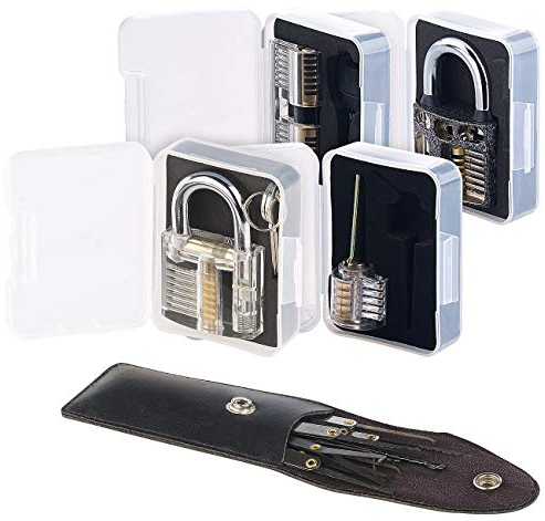 AGT Picking Set: Lockpicking-Set mit 17-teiliger Dietrich-Tasche und 4 Übungsschlössern (Lockpicking Schloss, Übungsset, Türschloss)