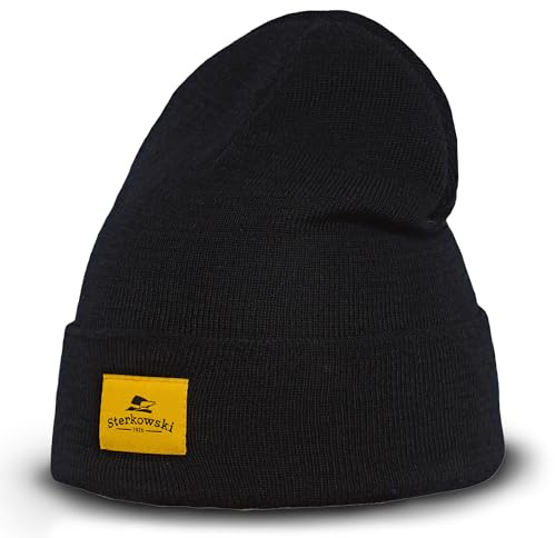 Sterkowski Brass Monkey Strickmütze | 100% Merinowolle Wintermütze für Herren und Damen | Beanie Merino Fisherman Fahrrad Sport Warm Skimütze Arbeitsmütze Wollmütze Hiking Universelle Größe Schwarz