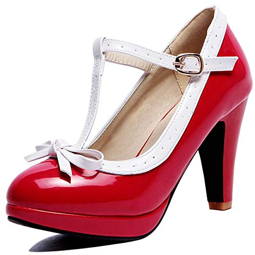 CuteFlats Damen Süß T-Strap Bogen Pumps mit Blockabsatz (Rot, 37 EU)
