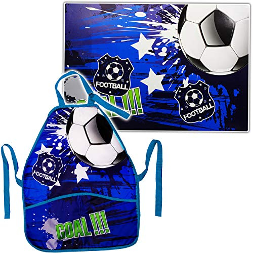 alles-meine.de GmbH Set: große - Schreibtischunterlage + Schürze - Fußball - Ball Football - Kinderschürze - Unterlage - 60 cm * 40 cm - abwischbar - Schreibunterlage/Bastelsch..