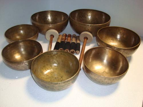 Tibetische Klangschalen aus Metall, 7 Stück, gehämmert, Chakra-Heilung, altes Himalaya, Meditationsklangschale für Heilung, Gebet, Yoga, mit Schlägel und Kissen