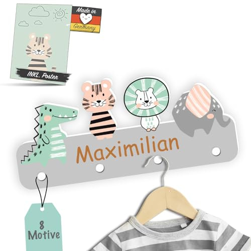 Kindsblick Garderobe mit Wunschname inkl. DIN A4 Poster - Personalisierte Kindergarderobe mit 4 Kleiderhaken für Kinder (Junglefreunde - Grau)