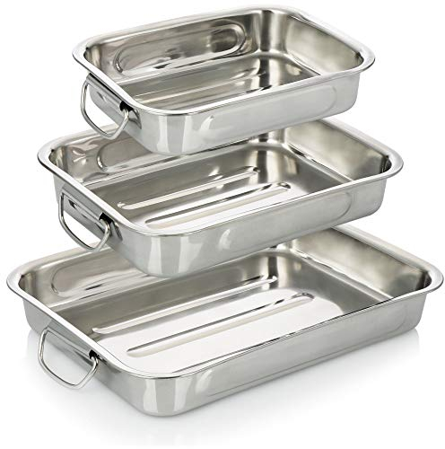 COM-FOUR® set di teglie e teglie da 3 pezzi - teglia in acciaio inossidabile con manici - casseruola in acciaio inossidabile per cucinare e cuocere al forno - pirofila (argento - 3 parti)