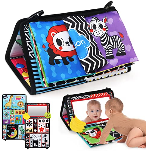 LEADSTAR Baby Spiegel, Faltbarer Baby Bauchlage Spielzeug mit Knisterbuch Schwarz Weiß Kontrastmuster, Kinderspiegel Spielzeug Geschenk für Neugeborene Jungen Mädchen 0-12 Monate