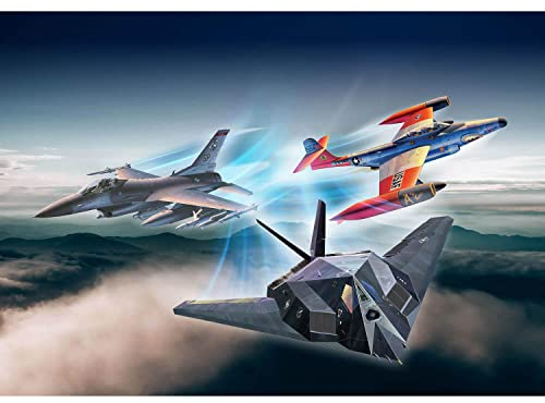 Revell Gift Set 05670 US Air Force 75th Anniversary - F-117 Nighthawk, F-89, F-16 Falcon 1:72 Scale Unbuilt Plastic Model Kits with Contacta Professional Glue, Paintbrush & Selected Aqua Color Paints