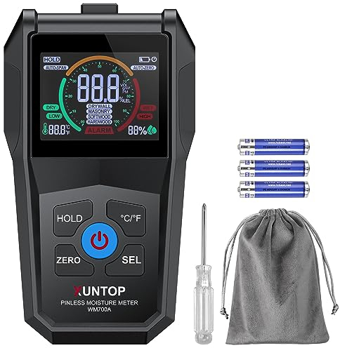 Xuntop Moisture Meter, 4 in 1 Upgraded Damp Meter with Dry/Wet Alerts and Inductive Pinless Type Digital Detection, Wood Moisture Meter for Firewood Drywall and Masonry