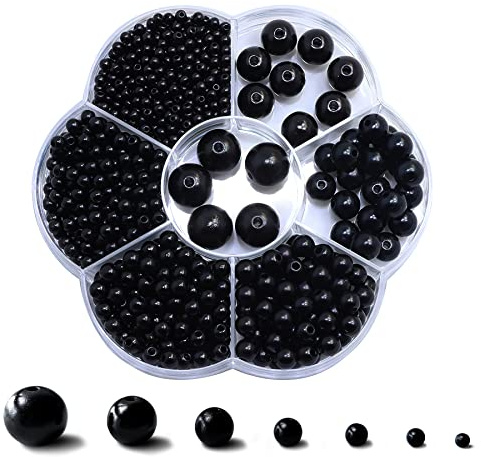 Dreamark 1150 Stück Bastelperlen Set Klein, 3-12mm Runde Perlen zum Auffädeln Schwarz für Perlenkette Selber Machen